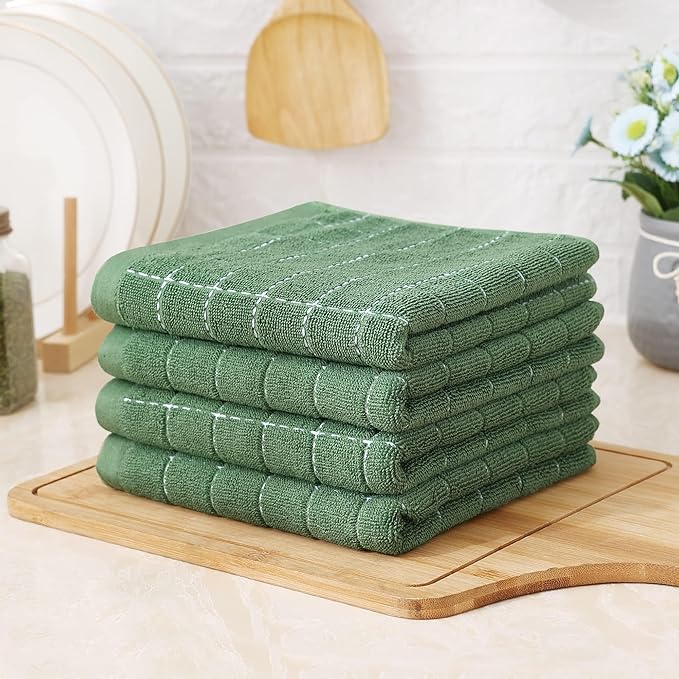 Homaxy 100% Cotton Terry Kitchen Towels(Grass Green, 13 x 28 inches), Checkered Designed, Soft and Super Absorbent Dish Towels, 24 Pack