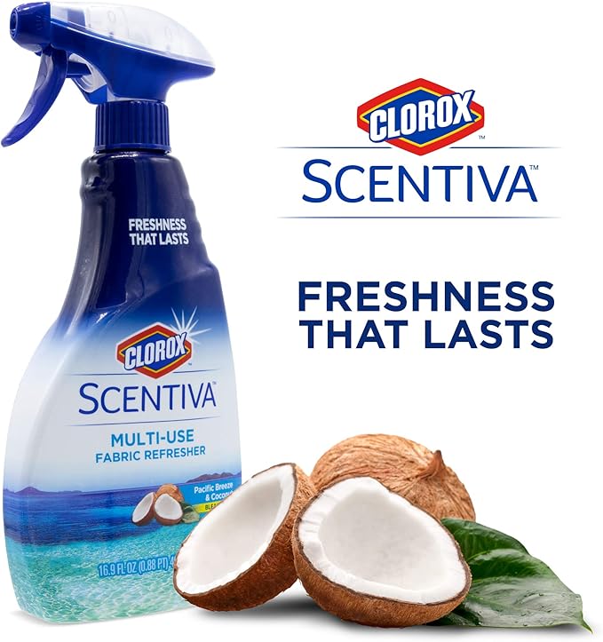 Clorox Scentiva Fabric Refresher Spray, Pacific Breeze and Coconut Scent for Household Fabrics, Odor Refresher for Upholstery, Curtains, Bedding, and Carpets, Non-Bleach, 16.9 Fl Oz