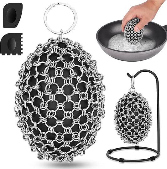 Cast Iron Scrubber Chainmail Set – 316 Stainless Steel Dish Scrub Brush for Cast Iron Skillet Pan Cleaner, Dutch Oven, Wok & Non-Stick Cookware | Dishwasher Safe – Black Double Ring