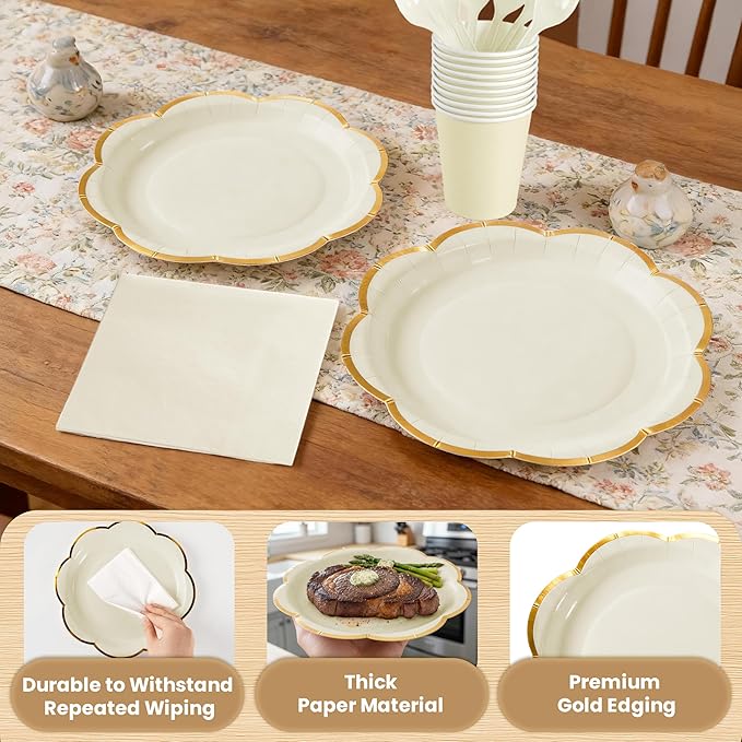 OuMuaMua 168Pcs White Paper Plates and Napkins Party Supplies, White Scalloped Plates and Napkins with Gold Rim, Disposable Plates for Party Birthday Baby Shower Weddings Bridal Shower, Serves 24