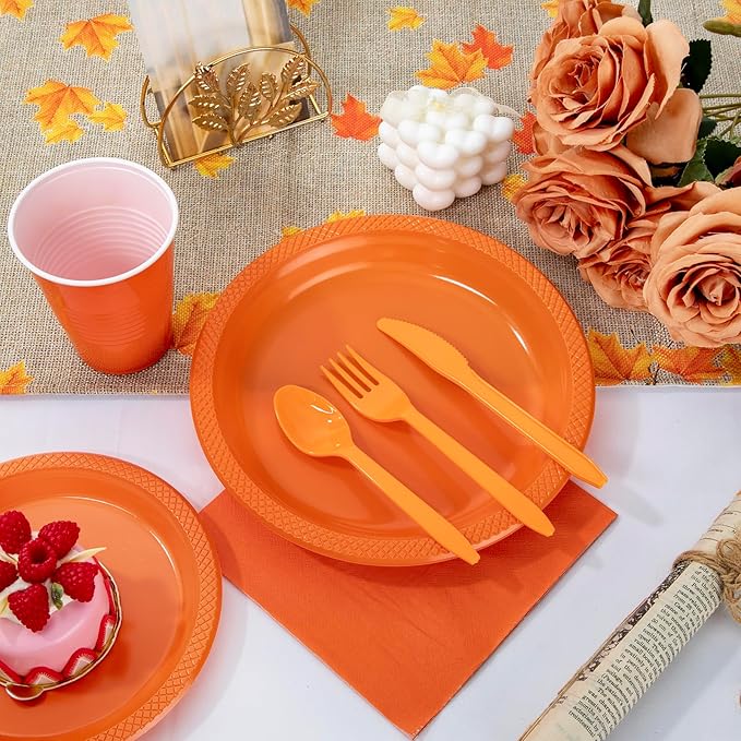 WELLIFE 210Pcs Orange Disposable Plates,Plastic Dinnerware Set for Party,Includes: Orange Plates,Disposable Cutlery,12OZ Plastic Cups and Napkins Serve 30 Guests