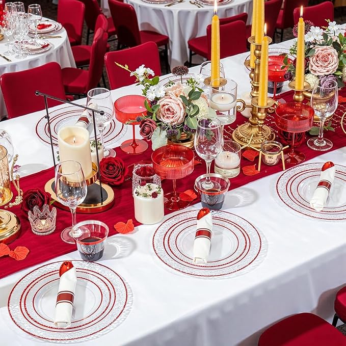 Ciaell 350 PCS Clear and Red Plastic Plates – Red Dinnerware Set for 50 Guests Include 100 Plastic Plates, 50 Pre Rolled Napkins with Cutlery Set, 50 Cups for Wedding & Party