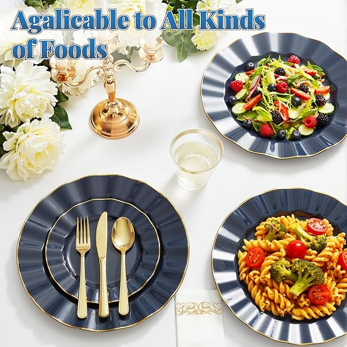 175 Plastic Dinnerware Set, Disposable Dinnerware Set for 25 Guests Include 50 Plastic Plates,25 Silverware Set,25 Cups and 25 Napkins for Graduation Party Wedding(Navy Blue and Gold)