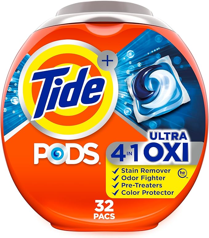Tide 4-N-1 Ultra Oxi Pods Laundry Detergent Pacs, 32 Count, He Compatible, Built in Pre-Treater for Stains