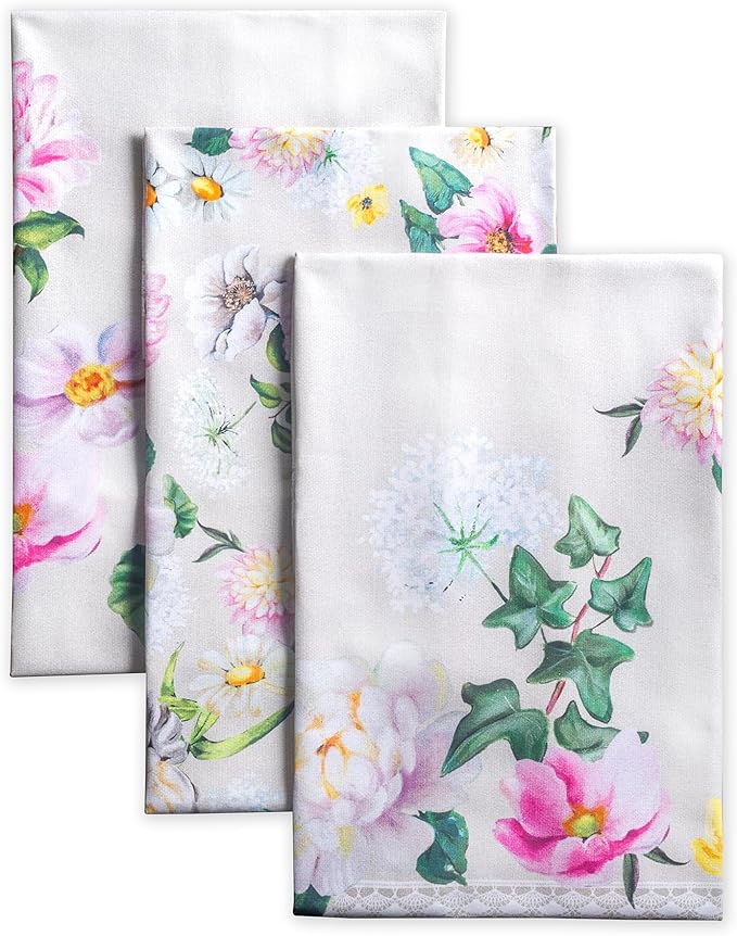 Maison d' Hermine Kitchen Towels Set of 3 100% Cotton 27.50" x 20" Reusable Cloth Tea Dish Towels Absorbent with Hanging Loop for Kitchen Farmhouse Hotel Spring Summer - Pivoine