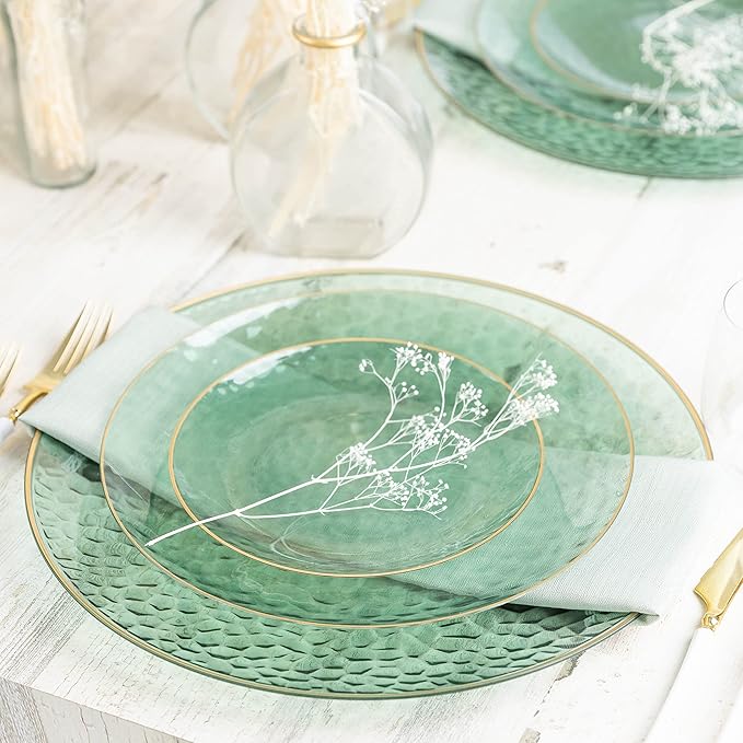 PLASTICPRO 30 Pack Hammered Plastic Plates Heavyweight Disposable Plastic Plates Elegant Clear Hammered Rim Platsic Party Dishes (Hamered Green With Gold Rim, 9'' INCH PLATES)