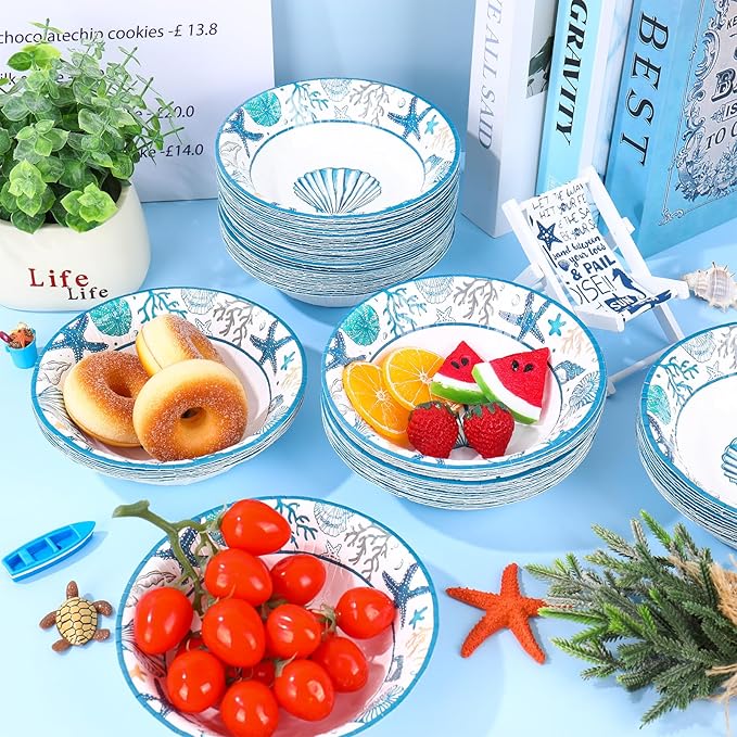 FYSUIMU 100 Pcs Ocean Paper Bowls Snack Bowl Starfish Seashell Coral Disposable Serving Bowls for Summer Party Household Supplies Decor, 12 Oz