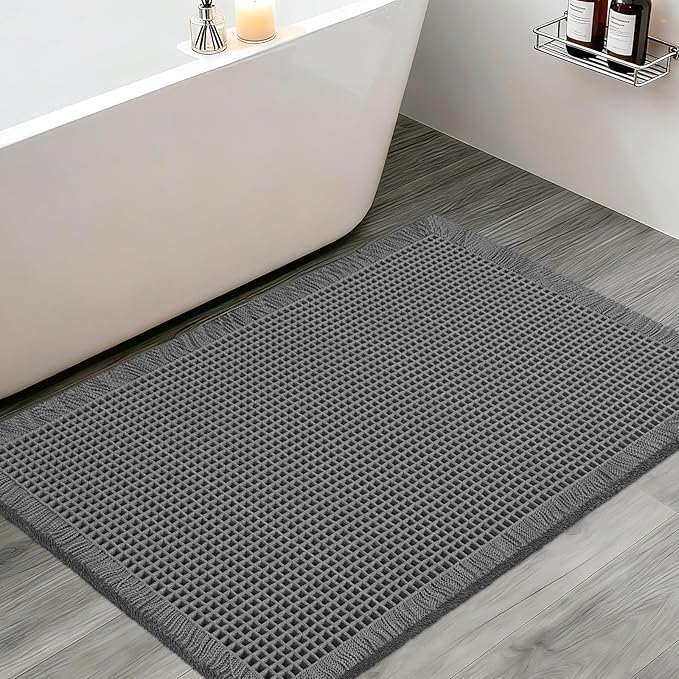 ACCUMTEK Upgraded Waffle Bath Mat, 32"x20" Grey, Super Absorbent Non-Slip Quick Dry Bathroom Rugs with Tassels, Machine Washable Ultra Soft Boho Bath Rugs for Floor, Toilet Mats Boho Farmhouse Decor
