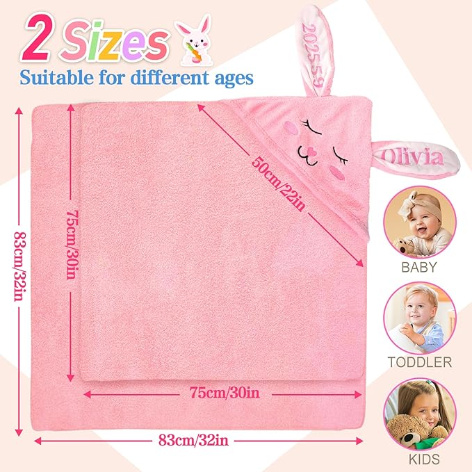 Baosity Custom Hooded Baby Towel with Name, Soft Absorbent Bunny Toddler Towel, Baby Bath Towels for Girls Boys, Personalized Easter Brithday for Baby, Toddler, Newborn Essential