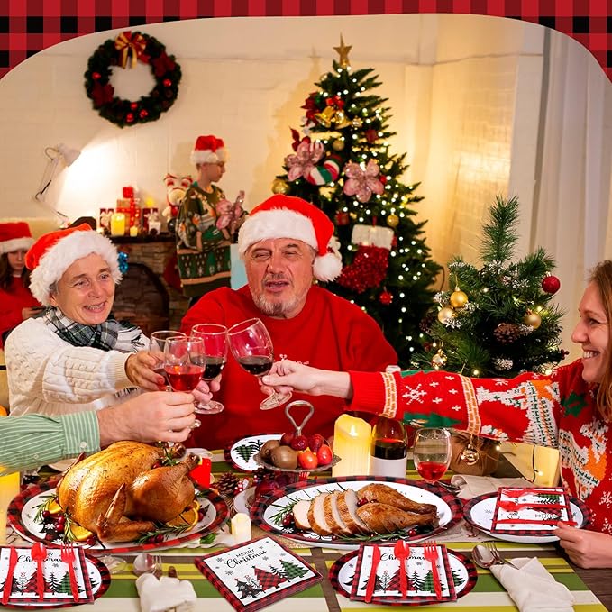 Havawish 175 Pcs Christmas Party Supplies Christmas Tree Disposable Tableware Set Red Black Buffalo Plaids Oval Paper Plates Cups Napkins Fork Knife Spoon for Xmas Holiday Party Table Decorations