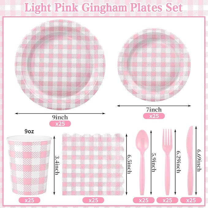 NatNarr 175 Pcs Pink Gingham Party Supplies Include Pink Gingham Plates and Napkins Cups Disposable Checkered Dinnerware Set for Picnic, Baby Bridal Shower, Wedding Decorations