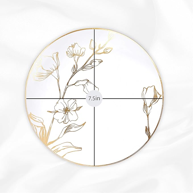 [7'' Plates 40 Count] White Plastic Floral Design Party Plates With Gold Rim Premium heavyweight Elegant Disposable Tableware Dishes