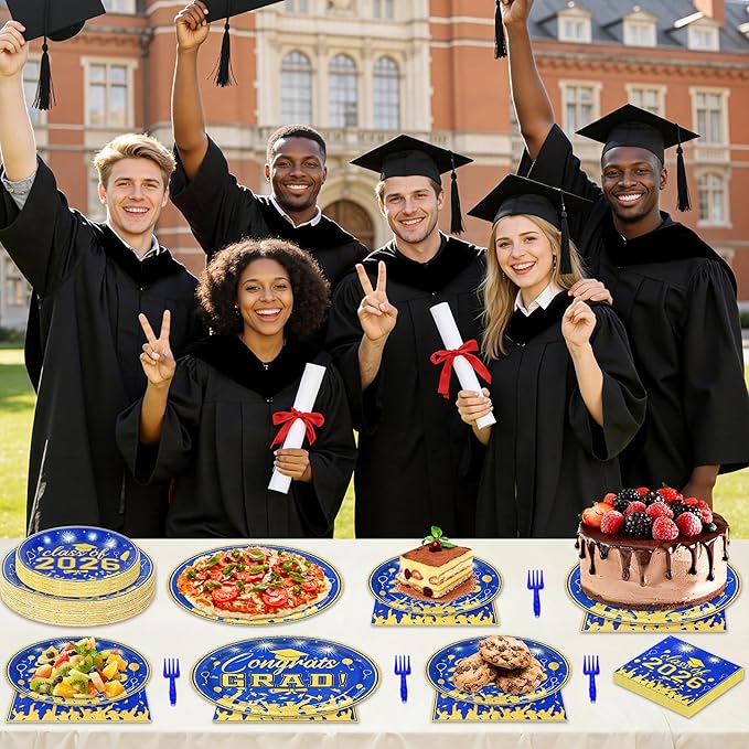 100 Pcs Graduation Plates and Napkins, 2026 Blue Gold Graduation Disposable Plates and Napkins Party Supplies Set Serves 25, Blue Gold Disposable Dinnerware Set for 2026 Decorations Grad Party