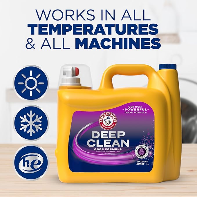 ARM & HAMMER Deep Clean Odor Formula Liquid Laundry Detergent, Radiant Burst Scent, 150 Fl Oz, 100 Loads (Pack of 2)