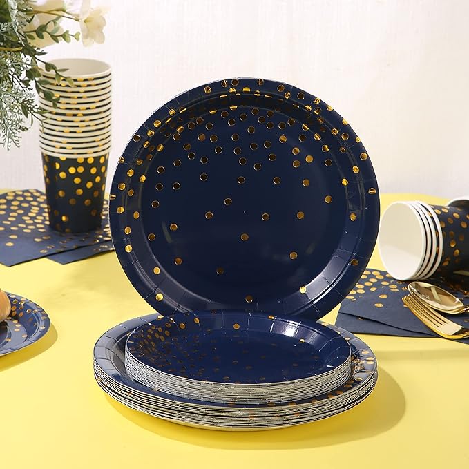 168Pcs Navy Blue Plates and Napkins Party Supplies, Blue Paper Plates Serve 24, blue and Gold Party Decorations, for Birthday, Fathers Day, Graduation, 4th of July