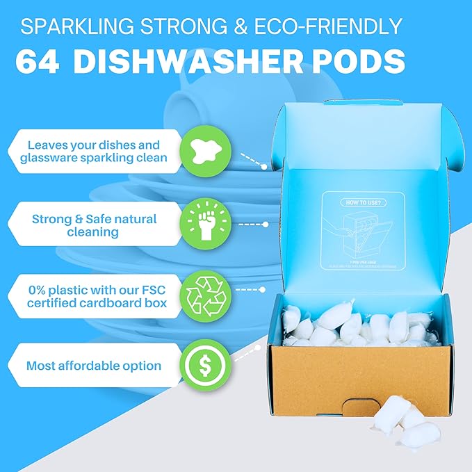 Dishwasher Detergent Pods Free & Clear, Unscented, Eco Friendly, Cuts Grease, 64 Count, Powerful Formula for Sparkling Clean Dishes, Automatic Dishwasher Safe