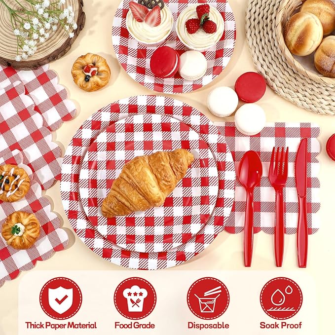 NatNarr 175 Pcs Gingham Party Supplies Include Red Gingham Plates and Napkins Cups Plastic Cutlery Disposable Picnic Party Decorations for Bbq, Pizza, Patriotic, Mothers Day