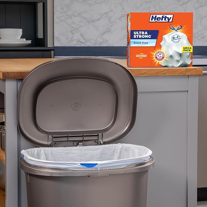 Hefty Ultra Strong 13 Gallon Trash Bags, Tall Kitchen Trash Bags 13 Gallon Size, Drawstring Closure, Continuous Odor Control, White, Unscented, 110-Bags (Pack of 3)
