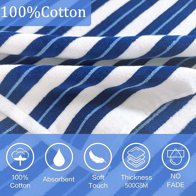 VOOVA & MOVAS Hooded Poncho Towel for Teens Unisex 100% Cotton Durable Timeless Beach Pool Swim Cover Up Navy Blue Bold Stripe
