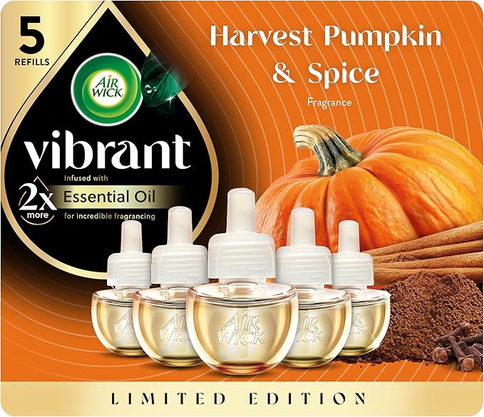 Air Wick Plug in Scented Oil Refill, Infused with Essential Oils, Plug in Air Fresheners for Home, Fall Scent, Fall Décor, Harvest Pumpkin & Spice, 5 ct