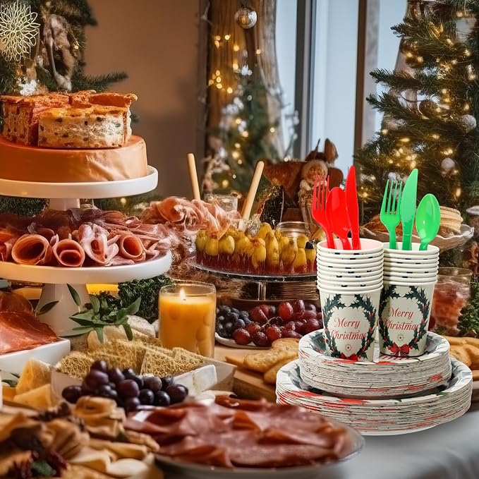 FillTouch 350 Pcs Merry Christmas Paper Plates and Napkins Set for 50 Guests Disposable Dinner Tableware Dinnerware Party Supplies Includes 100 Paper Plates 50 Cups Napkins Set Knives Forks Spoons