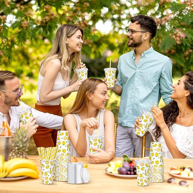 Tessco 150 Pieces/50 Sets Lemonade Cups with Lids and Paper Straws 16oz Disposable Iced Coffee Paper Cup Summer Citrus Cold Lemonade Stand Supplies for Fruit Party Beverages Drinks Juices
