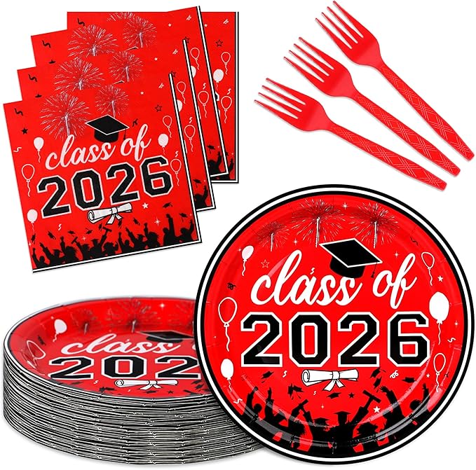75 Pcs Graduation Plates and Napkins Party Supplies Set,Serves 25 Guests 2026 Red Graduation Plates and Napkins,Disposable Paper Tableware Set for Graduation Party Decorations