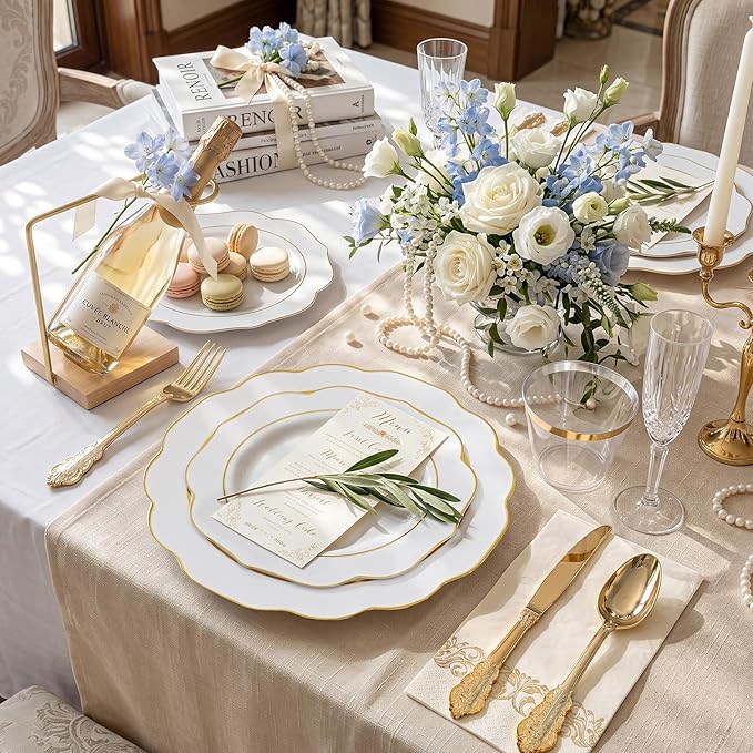 NOCCUR 175PCS Gold Plastic Plates with Disposable Silverware - White Gold Plastic Tableware Include 25 Dinner /25 Dessert Plates, 75 Cutlery, 25 Cups, 25 Napkins - Ideal for Party/Wedding