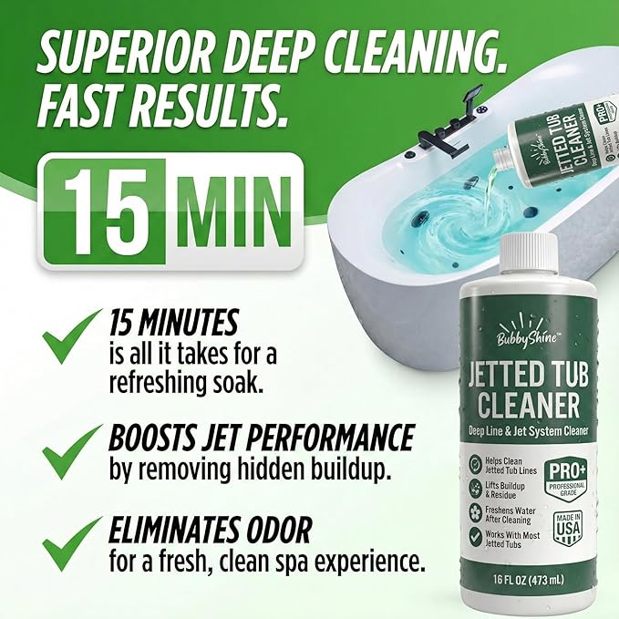 BubbyShine Jetted Tub Cleaner for Bathtub Jets – Deep Cleaning Bathtub Cleaner Formula for Jacuzzi & Whirlpool Tubs, Pro Grade System Flush for Internal Lines and Pipes, Made in USA, 16 oz