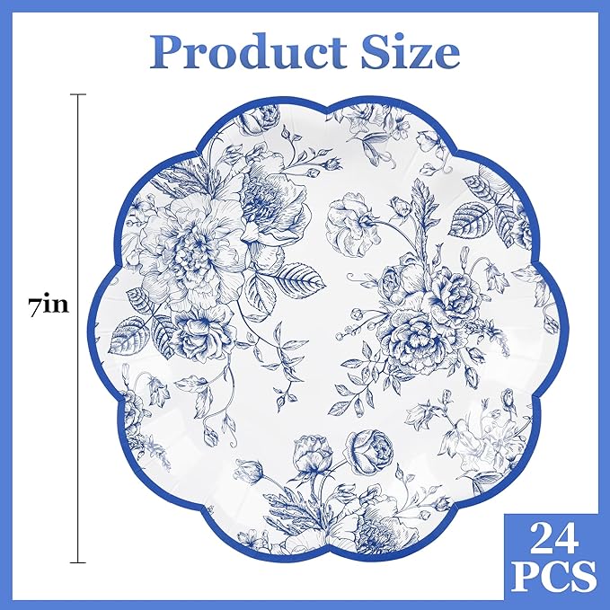 24 Pcs Blue Floral Party Plates 7" Vintage Floral Leaf Disposable Paper Plates Wildflower Blue Toile Small Scalloped Dessert Plates for Birthday Bridal Garden Tea Time Party Supplies