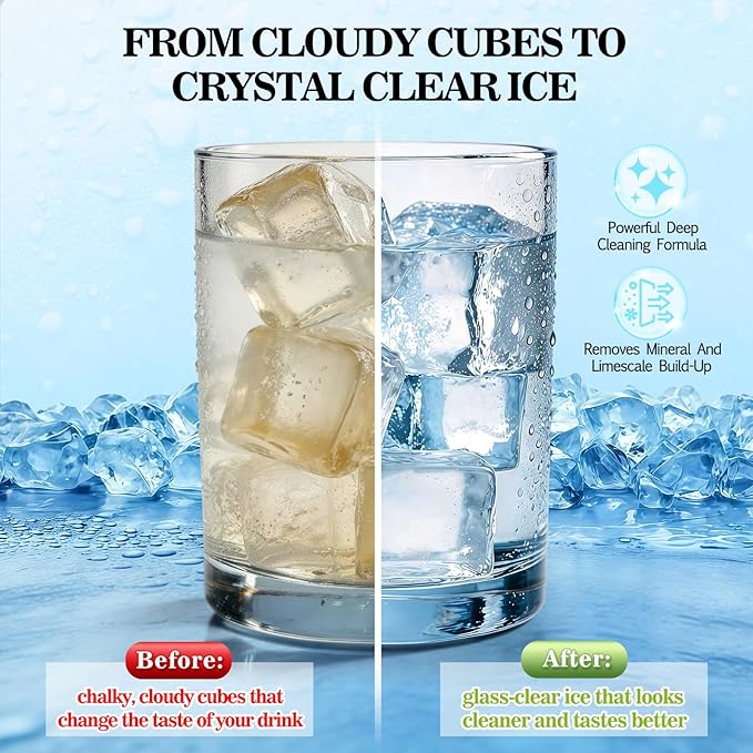 Bellaluce Ice Machine Cleaner Tablets Descaler (32 Pack) – Nickel-Safe Countertop Portable Commercial Ice Maker Cleaning – Remove Hard Water Buildup, Odor-Free, Crystal Clear Ice