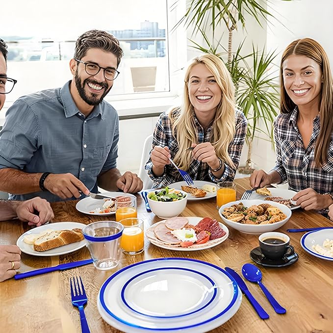 N9R 600PCS Disposable Plastic Plates, Blue Plastic Dinnerware Set Includes 100 Dinner Plates, Dessert Plate, Cups, Spoons, Forks, Knives for 100 Guests, Perfect for Party, Wedding, Birthday