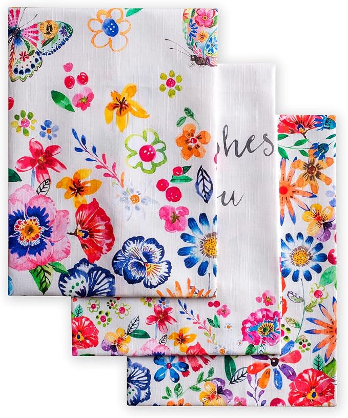 Maison d' Hermine Kitchen Towels Set of 3 100% Cotton 27.50" x 20" Reusable Cloth Tea Dish Towels Absorbent with Hanging Loop for Farmhouse Hotel Spring Summer - Happy Florals - High Summer