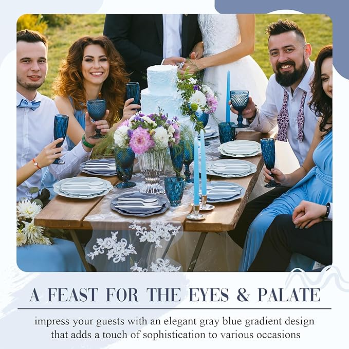 336 Pcs Dusty Blue Gradient Disposable Dinnerware Sets for 48 Guests, Blue Party Supplies Include Paper Plates, Cups, Napkins and Plastic Cutlery for Wedding, Birthday, Baby Shower Party