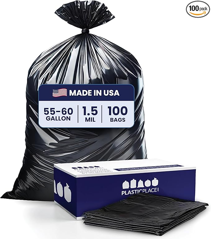 Plasticplace 55-60 Gallon Trash Bags │ 1.5 Mil │ Black Heavy Duty Garbage Can Liners │ 36” x 58” (100 Count)