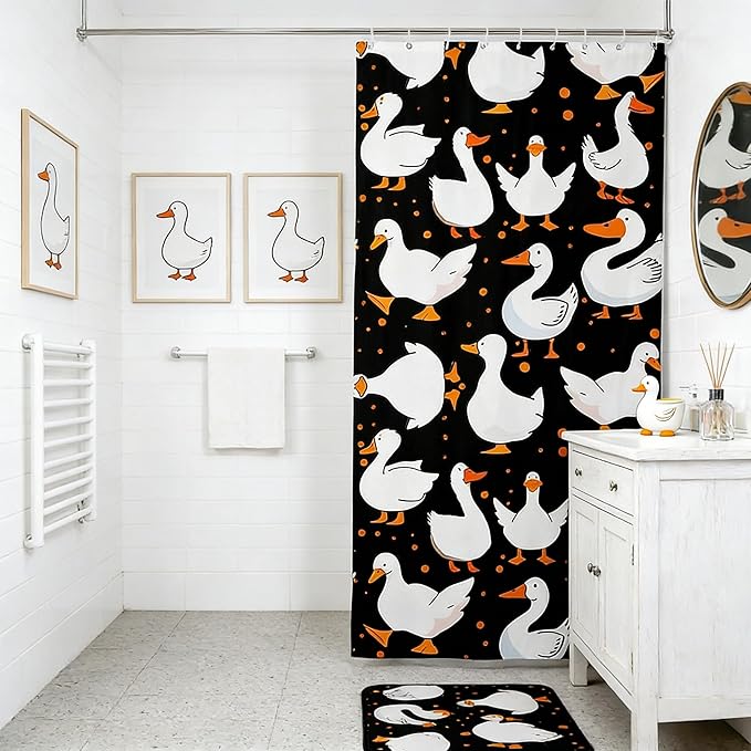 Homewish Cute Goose Bath Curtain Panel,Cartoon Farmhouse Livestock Animal Waterproof Fabric Shower Curtain,Kawaii Duck Hand Drawn Black Bathroom Curtain with 12 Hooks, 72Wx78L inch