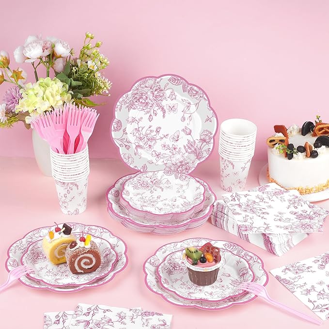 Kochorie 144 Pieces Pink Floral Paper Plates and Napkins Party Supplies, Pink and White Flower Tableware Set Include Vintage Scalloped Plates Napkins Cups Forks for Wedding Birthday Tea Party