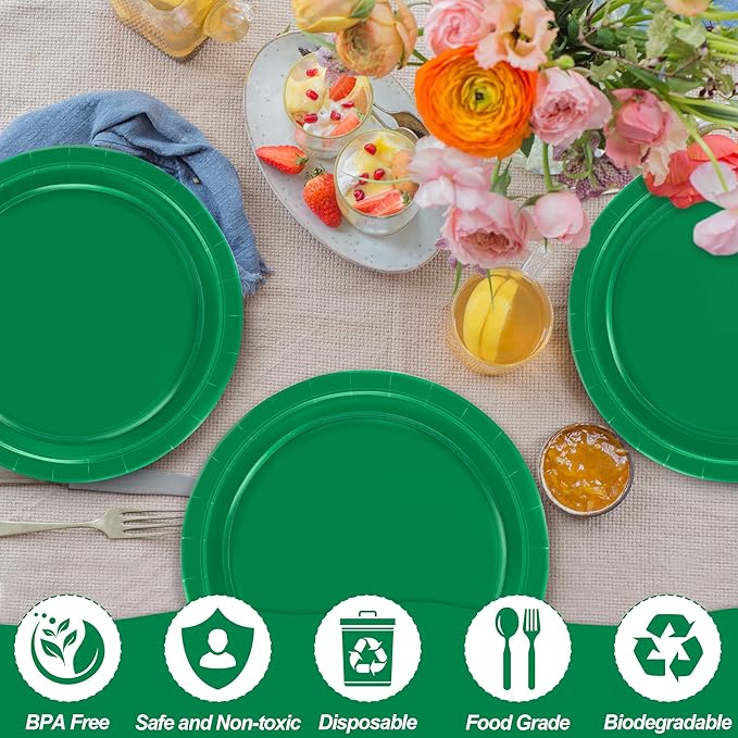 QZYL 50 PCS Disposable Paper Plates, 9 Inches Dinner Paper Plates Set, Green Heavy Duty Tableware, Round Dinnerware for Daily Use Picnic Anniversary Birthday St Patricks Day Party Supplies