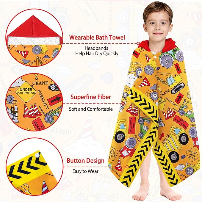Hooded Towels for Kids - Superfine Fiber Excavator Toddler Hood Bath Towels Beach Hooded Poncho Absorbent Pool Toddler Swim Bath Wrap for Boys & Girls 3-10 Years Beach Essentials, 60*35 inches