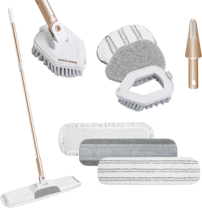 Quick Shine Ultimate Gold Clean + Polish Mop Kit, 9 Pc Set w/Interchangeable Attachments | 2-in-1 Pro Cleaning System w/ Microfiber Pads for All Floor Types | No Batteries Needed