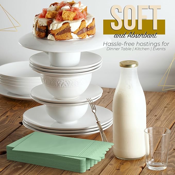 Party Solids Sage Green Scalloped Napkins Disposable 100 Pcs 3-Ply Sage Green Scalloped Dinner Napkins Disposable Decorative for Dinners & Parties, Paper Guest Towels for Bathroom & Party Supplies