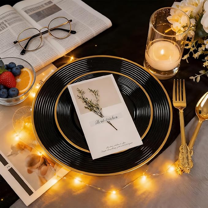 Liacere 100PCS Black Plastic Plates - Heavy Duty Disposable Plates - Black and Gold Plate Include Dinner/Dessert Plate for Wedding & Holiday Party & Birthday & Graduation