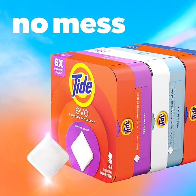 Tide evo Spring Blast Scent Laundry Detergent Fiber Tiles Works on 100% of Common Stains Safe for All Machines and Water Conditions Concentrated HE Compatible Clean and Instant Dissolve, 16 Count