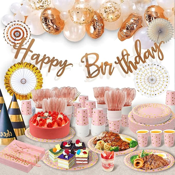AIRE 175PCS Pink Rose Gold Plates Party Supplies Severs 25 Guests Disposable Party Decorations, Plastic Forks Knives Spoons, Golden Dot Paper Plates Napkins Cups for Mothers Day Birthday Wedding