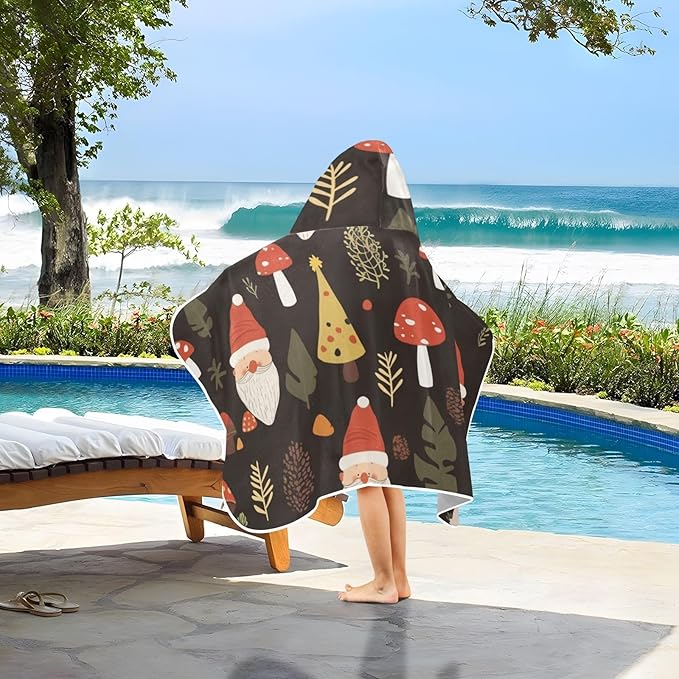 Beach Towels for Kids Cartoon Cute Gnome Mushroom Black Hooded Beach Towel for Girl Boy Lightweight Toddler Bath Towels