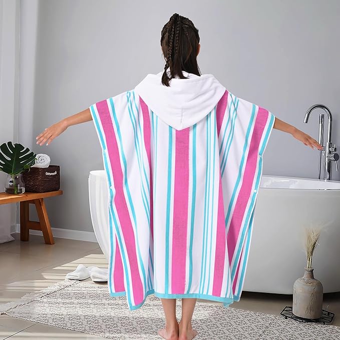 VOOVA & MOVAS Hooded Bath Towels for Big Kids (8-16Years), 100% Cotton Absorbent Thick Poncho Towel for Teens, Perfect for Pool, Beach, Bath, Pink Blue White Stripe