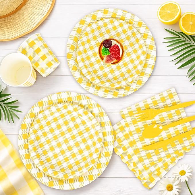 Vyntra Checkered Gingham Paper Plates and Napkins Set for 50" 9" Dinner Plates & 7" Dessert Plate, Birthday Party (Yellow Gingham, 175 Pcs)