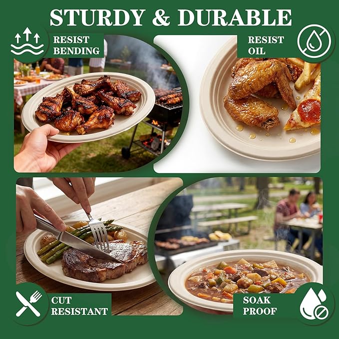 Tinybee 100% Compostable Oval Paper Plates 12 Inch [50-Pack] Heavy-Duty, Eco-Friendly, Biodegradable Bagasse Platters, Natural Unbleached Brown Disposable Plates for BBQ/Picnic/Party (BPI-Certified)