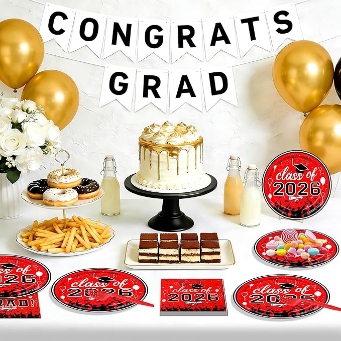 75 Pcs Graduation Plates and Napkins Party Supplies Set,Serves 25 Guests 2026 Red Graduation Plates and Napkins,Disposable Paper Tableware Set for Graduation Party Decorations