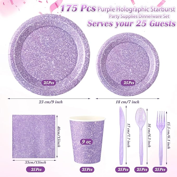 Hushee 175 Pcs Pastel Purple Holographic Print Party Supplies Guests Disposable Dinnerware Set Include Paper Plates, Napkins, Cups, Plastic Cutlery for Wedding Birthday Disco Bachelorette